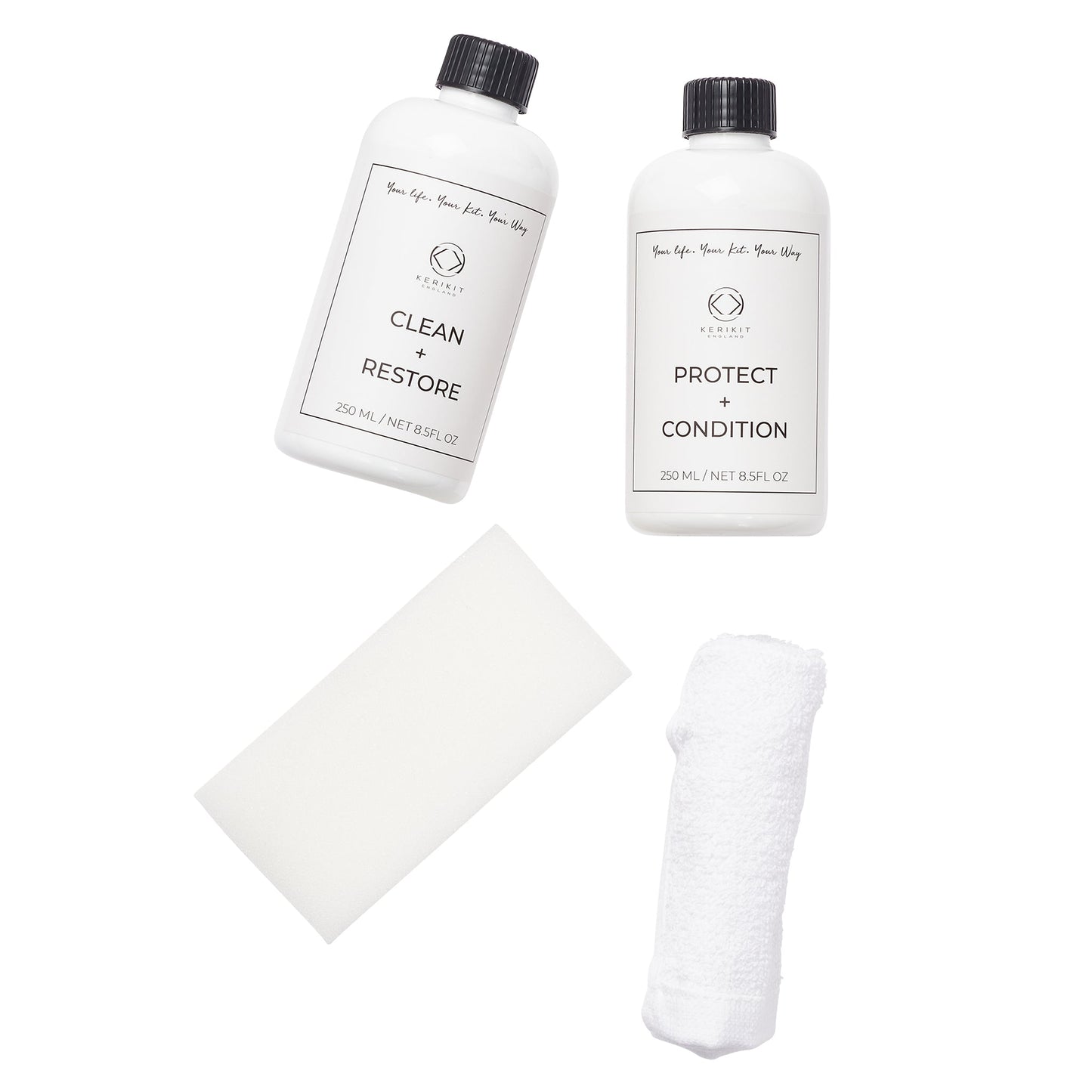 clean and protect leather conditioner, leather cream, cleaning sponge and cloth