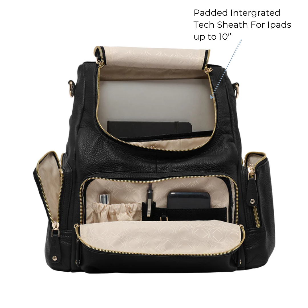 Amber-midi black leather backpack for  travel, parenting baby changing and work