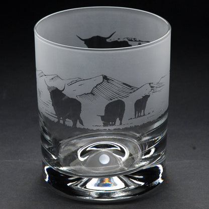 Highland Cattle Whiskey Tumbler Glass - Hand Etched/Engraved Gift