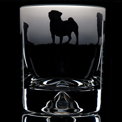 Pug Dog Whiskey Tumbler Glass - Hand Etched/Engraved Gift