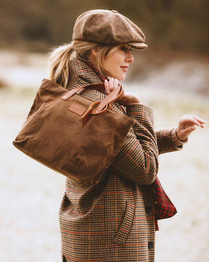 Leather Tote In Waxed Cotton Made in USA Brown