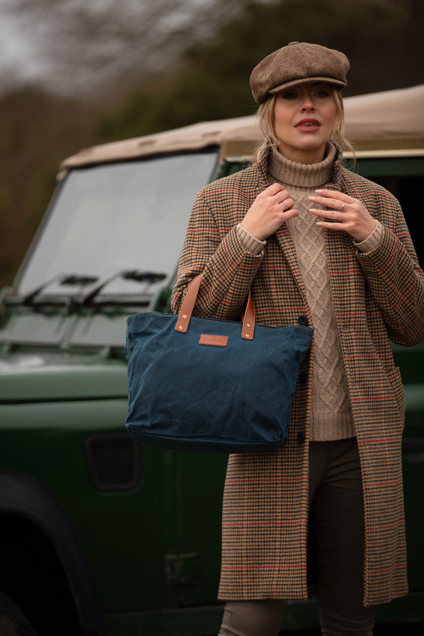 Leather Tote In Waxed Cotton Made in USA Blue