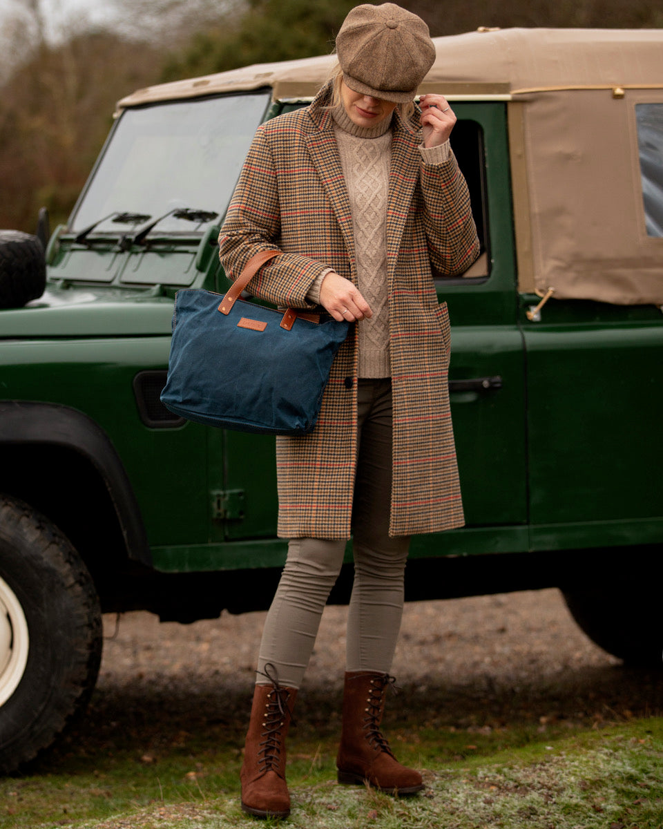 Leather Tote In Waxed Cotton Made in USA Blue