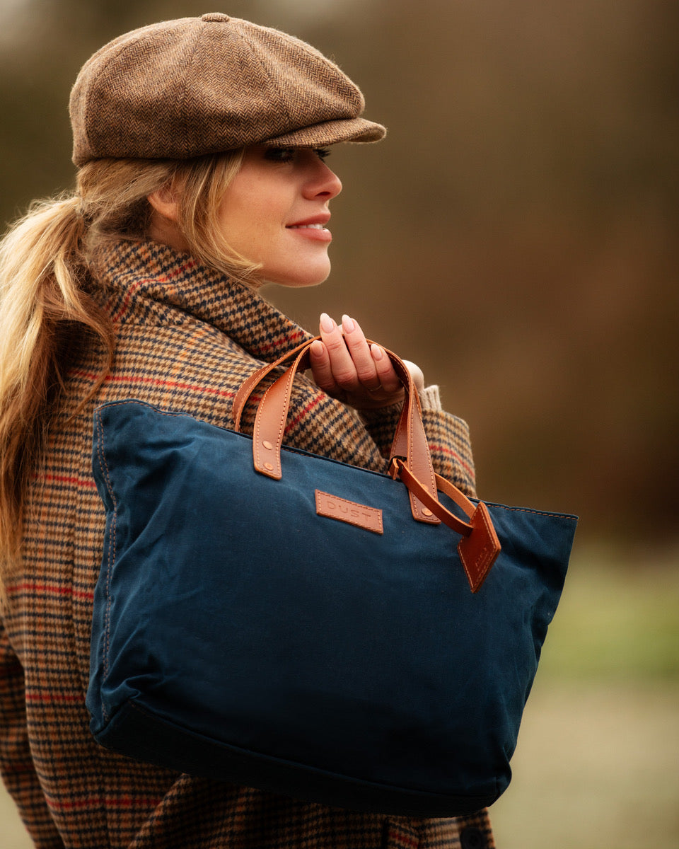 Leather Tote In Waxed Cotton Made in USA Blue