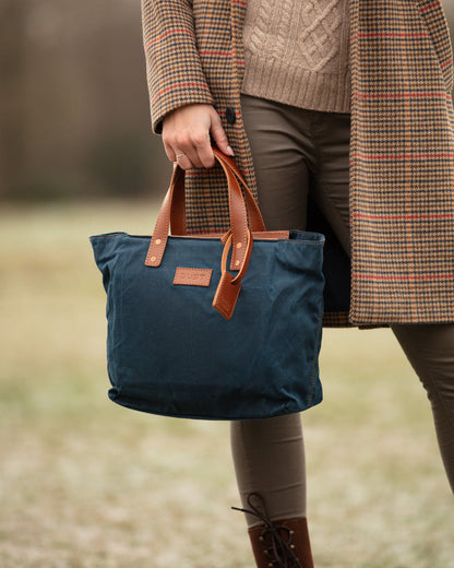 Leather Tote In Waxed Cotton Made in USA Blue