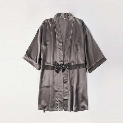 Pasithea | Grey Kimono Pure Silk Robe | Knee Length with Double Belts and Pockets | 22 Momme | Float Collection