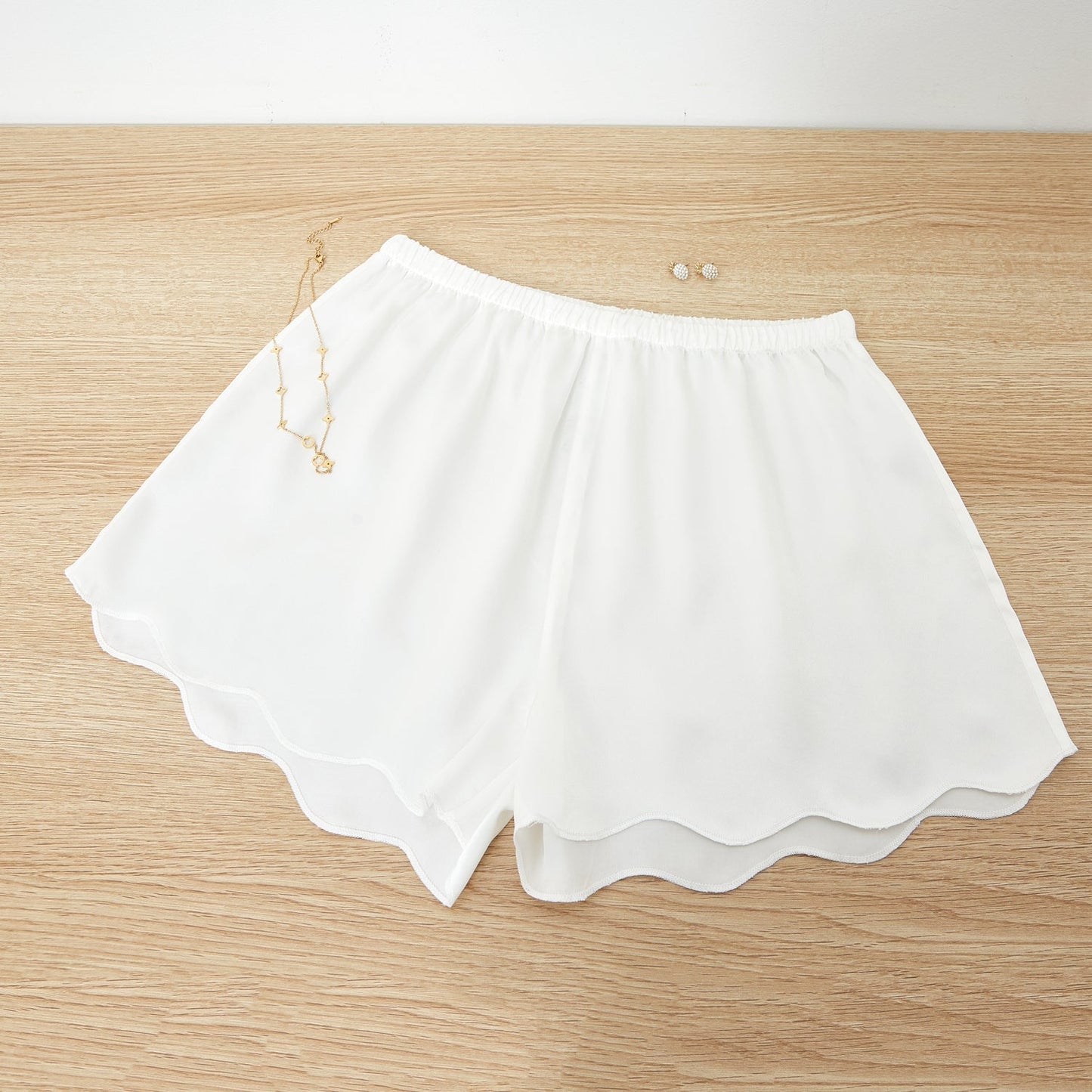 Pearl White Pure Silk Scallop Edged Shorts | 19 Momme Silk Charmeuse