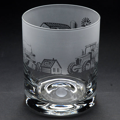 Farming Scene Whiskey Tumbler Glass - Hand Etched/Engraved Gift