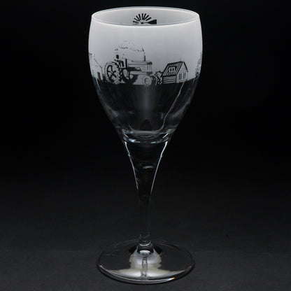 Farming Scene Crystal Wine Glass - Hand Etched/Engraved Gift