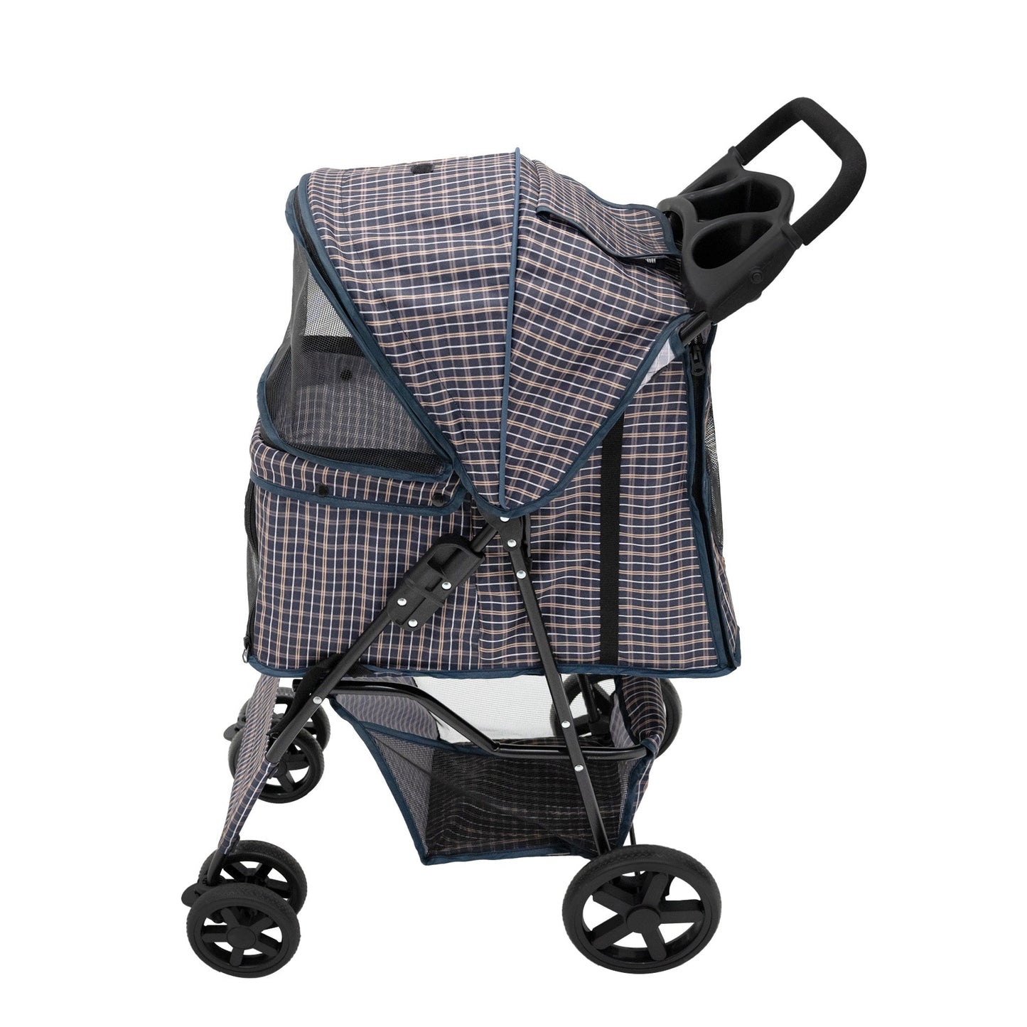 Pet Stroller with Rain Cover – Blue Tartan