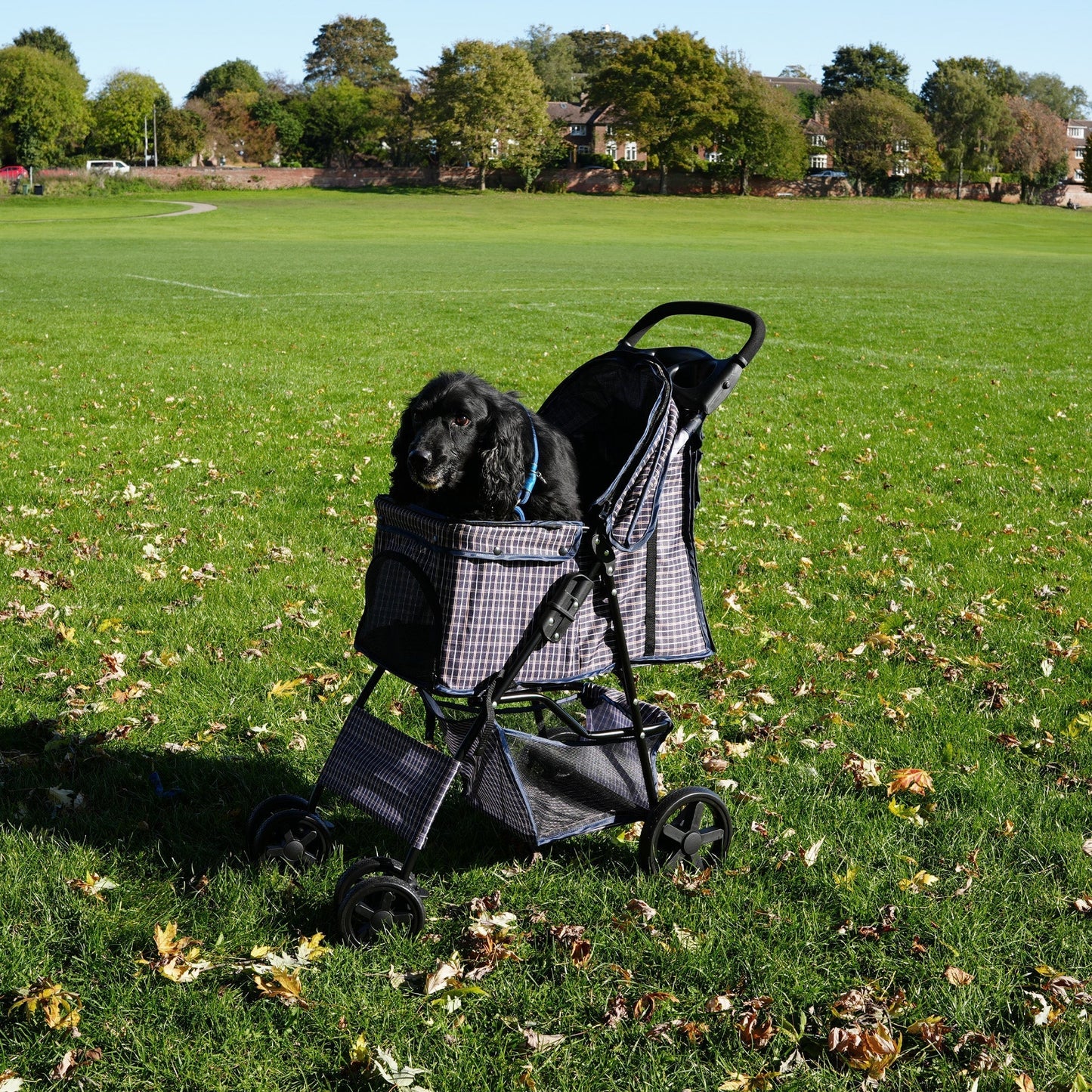 Pet Stroller with Rain Cover – Blue Tartan