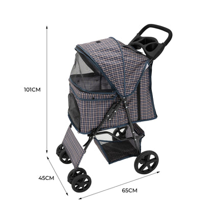 Pet Stroller with Rain Cover – Blue Tartan