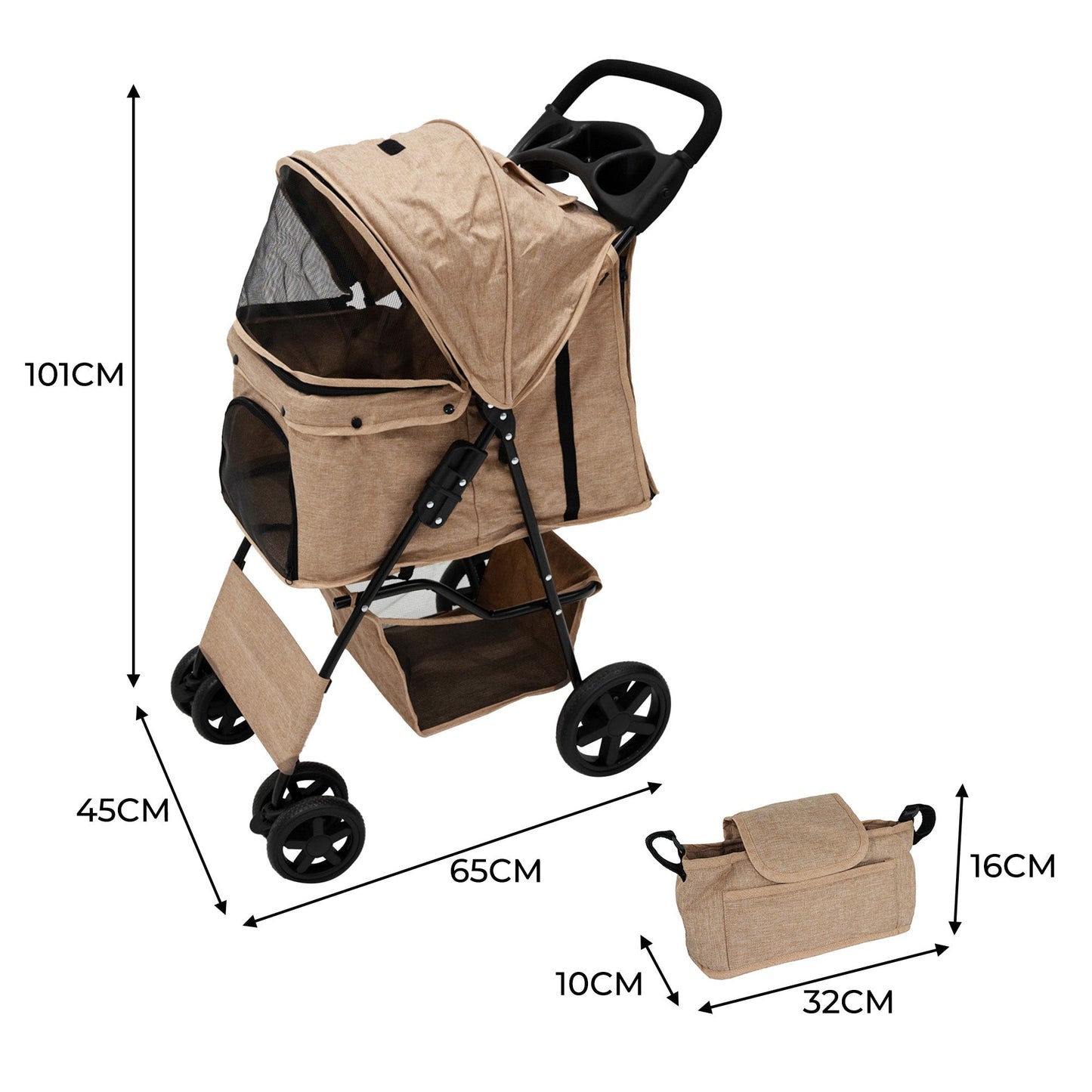 Pet Stroller with Rain Cover & Caddy Bag - Woven Beige