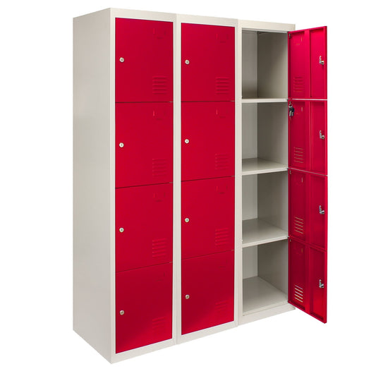 3 x Metal Storage Lockers - Four Doors, Red