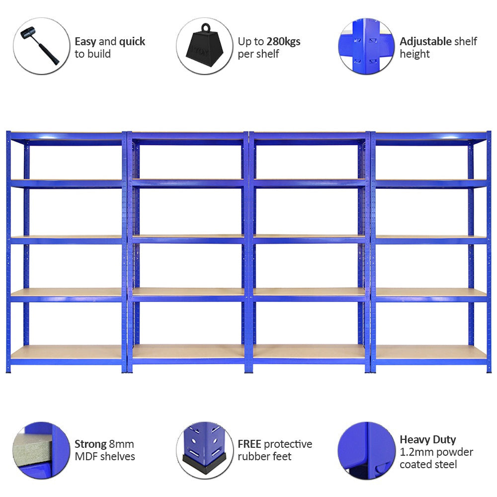 4 x 90cm Blue Storage Racks with 4200kg Capacity, Free Bay Connectors and Mallet