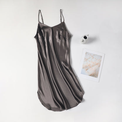 River Nymph | Grey Pure Silk Slip Dress | Knee Length with Adjustable Straps | 22 Momme | Float Collection