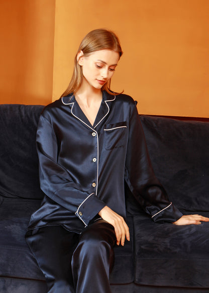 Navy Pure Silk Unisex Long Sleeve Pajama Set