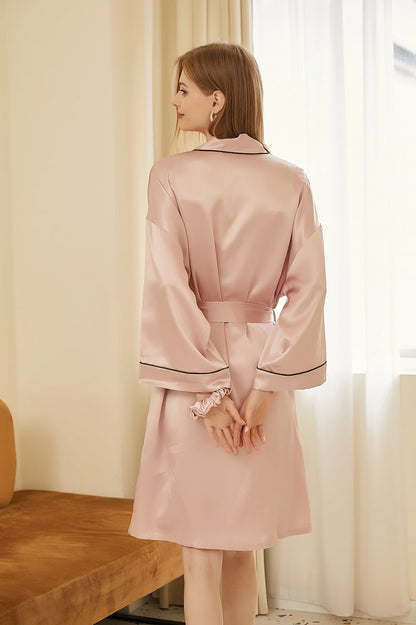 Pasithea | Baby Pink Kimono Pure Silk Robe | Knee Length with Double Belts and Pockets | 22 Momme | Float Collection