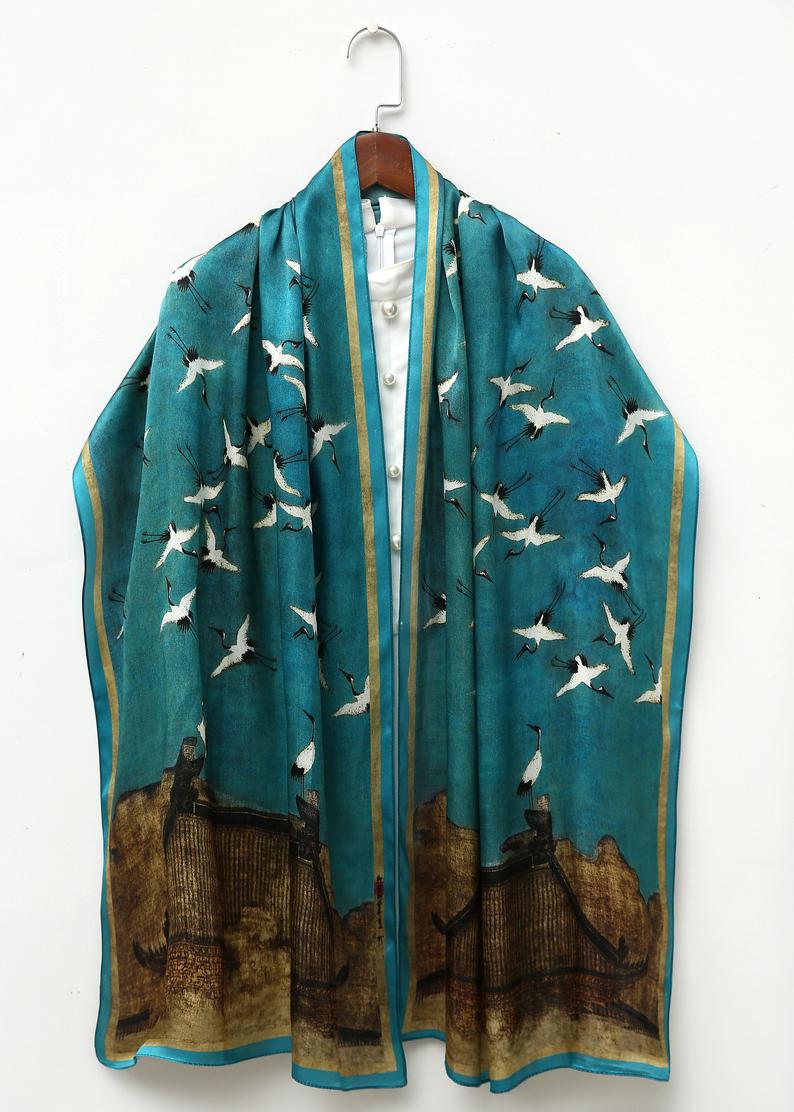 Auspicious Cranes by Zhao Ji: Mulberry Silk Long Scarf / Small Square Scarf / Ink and Colour Painting