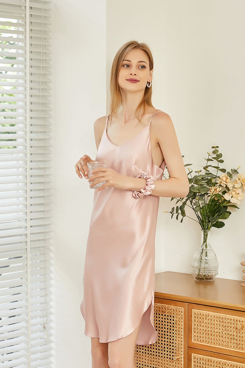 River Nymph | Baby Pink Pure Silk Slip Dress | Knee Length with Adjustable Straps | 22 Momme | Float Collection