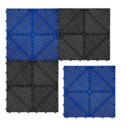 Vented Garage Floor Tiles With Edges – 60 Black & 60 Blue