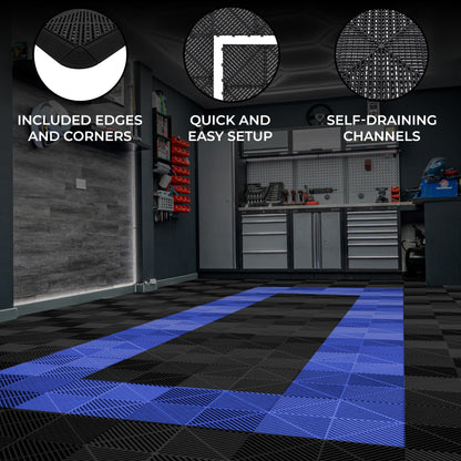 Vented Garage Floor Tiles With Edges – 90 Black & 30 Blue