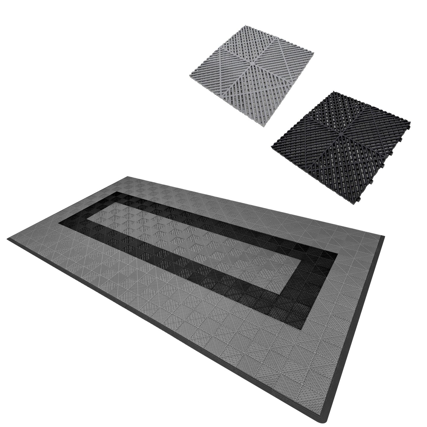 Vented Garage Floor Tiles With Edges – 90 Grey & 30 Black