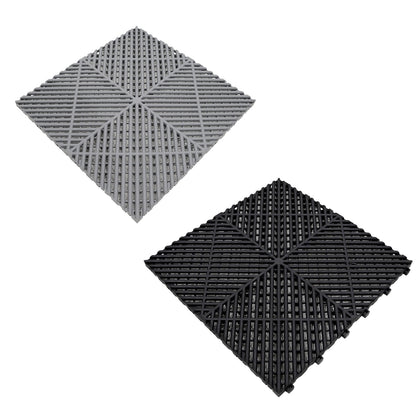 Vented Garage Floor Tiles With Edges – 90 Grey & 30 Black