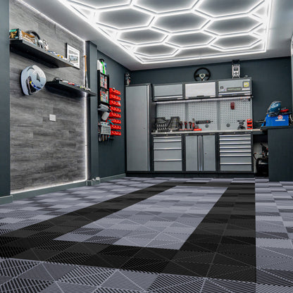 Vented Garage Floor Tiles With Edges – 90 Grey & 30 Black