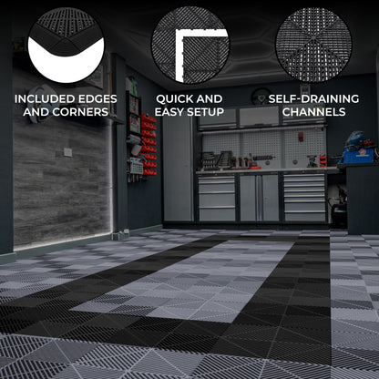 Vented Garage Floor Tiles With Edges – 165 Grey & 60 Black