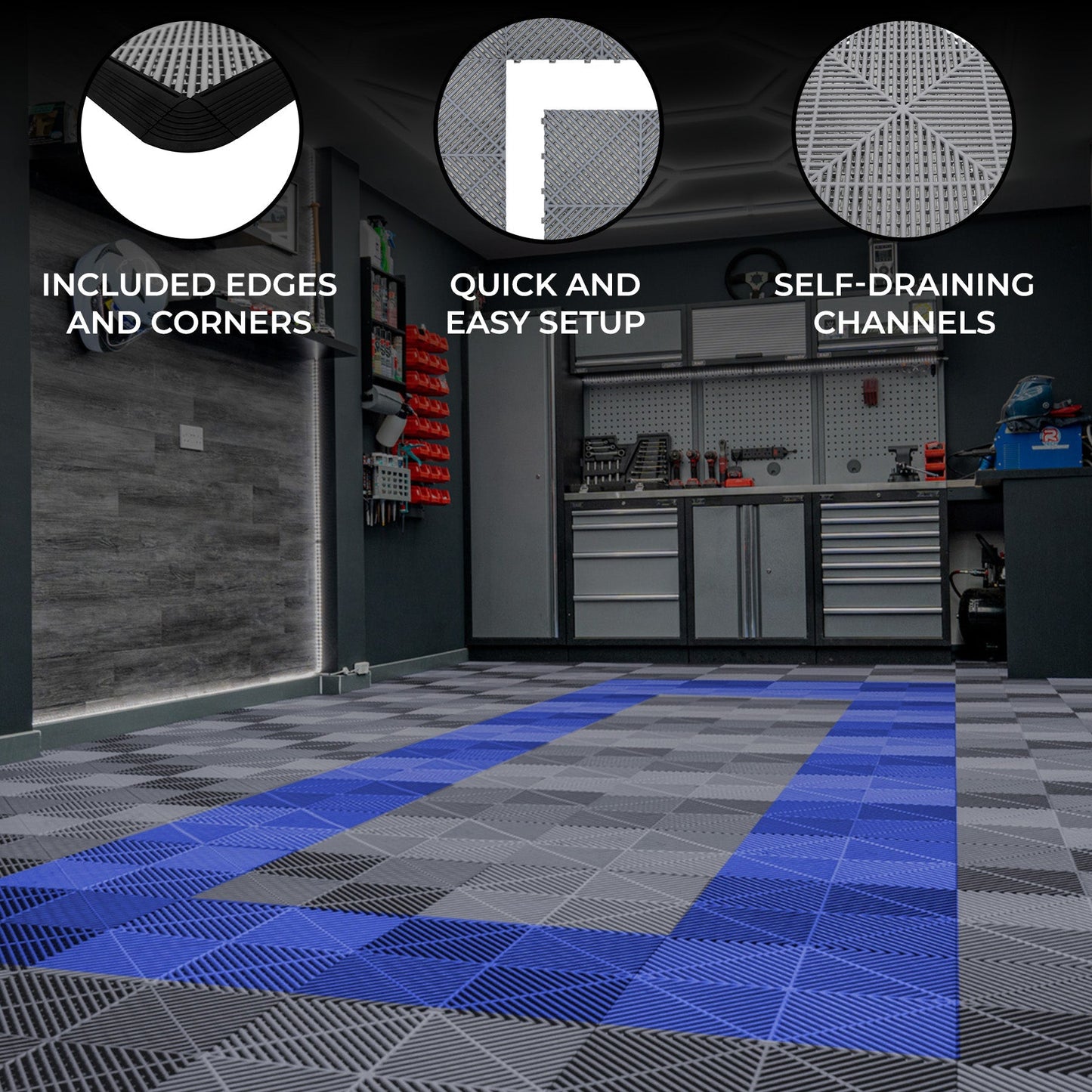 Vented Garage Floor Tiles With Edges – 90 Grey & 30 Blue