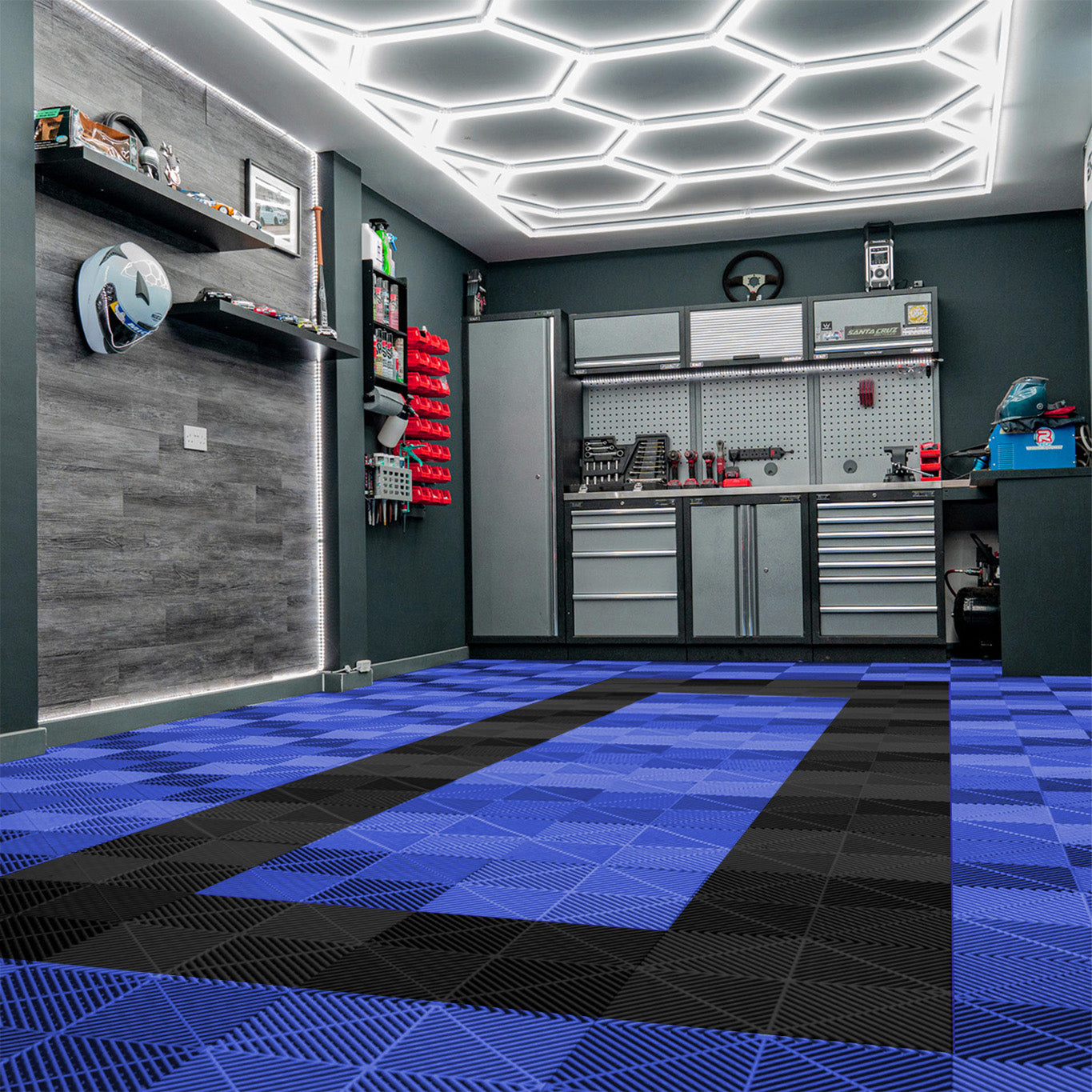 Hexagon LED Light & Vented Garage Floor Tiles With Edges - 90 Blue & 30 Black