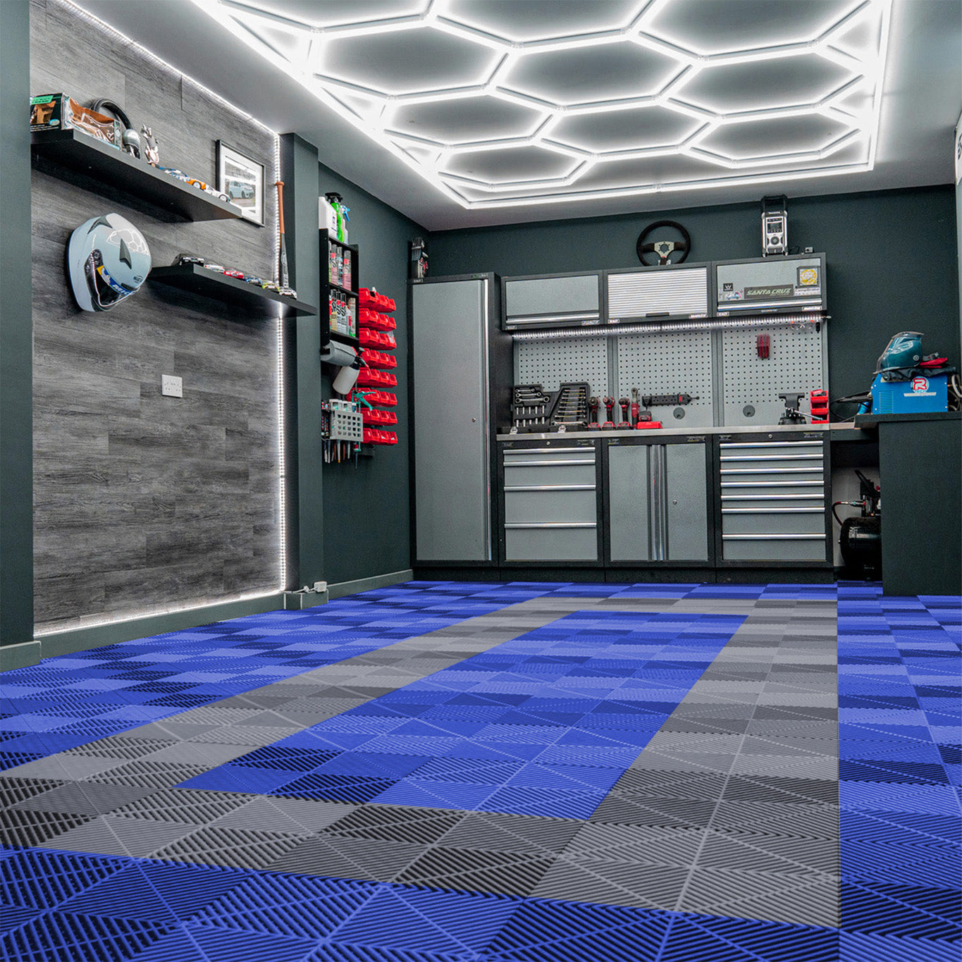 Vented Garage Floor Tiles With Edges – 90 Blue & 30 Grey