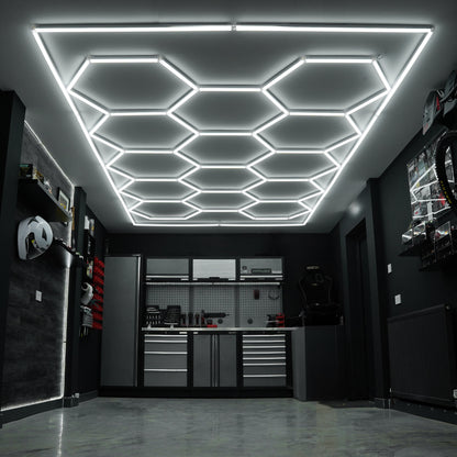 Hexagon LED Light & Vented Garage Floor Tiles x 120 With Edges - Grey