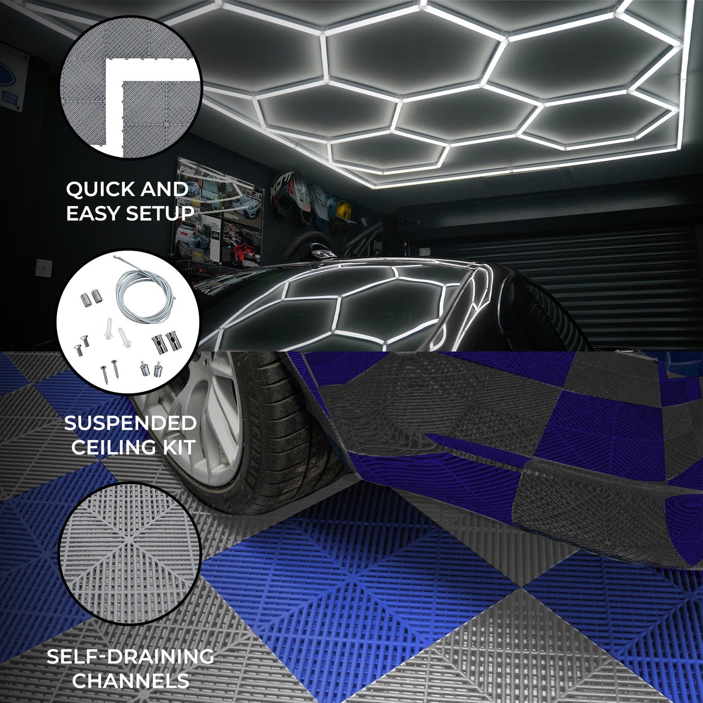 Hexagon LED Light & Vented Garage Floor Tiles With Edges - 60 Grey & 60 Blue