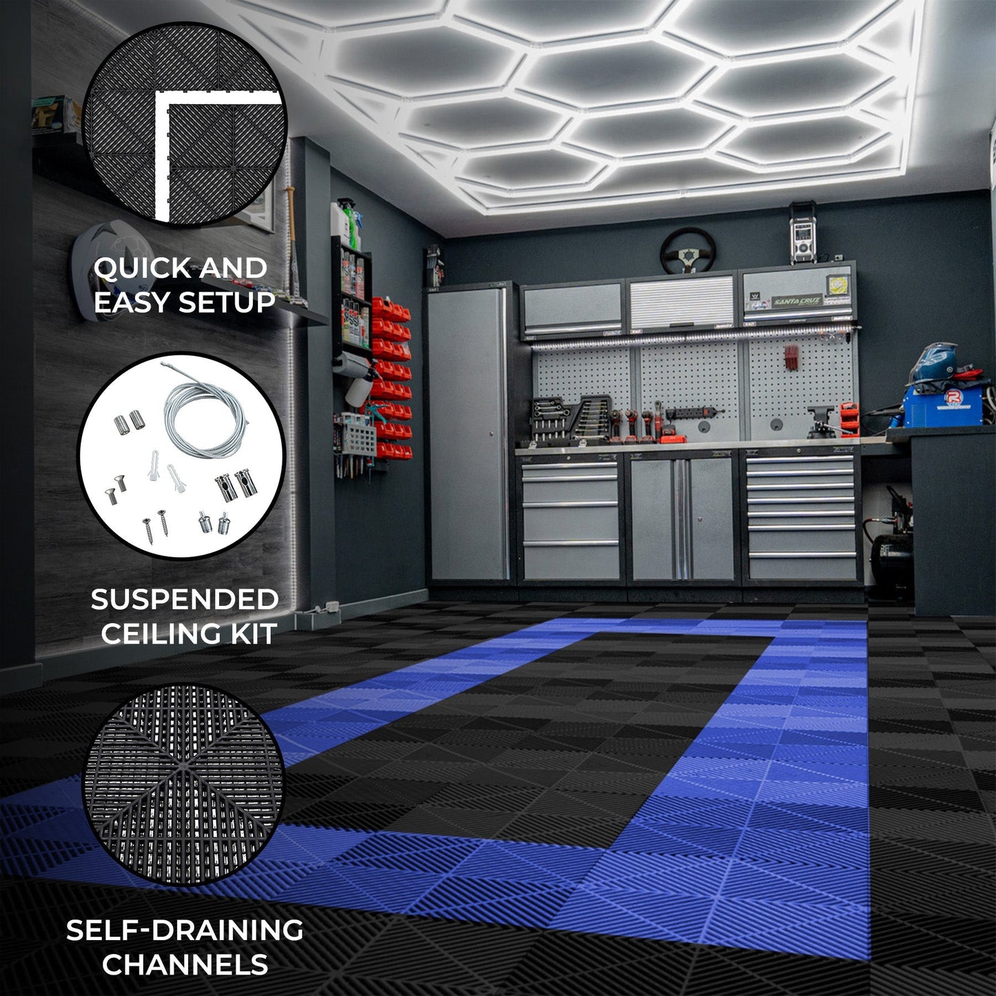 Hexagon LED Light & Vented Garage Floor Tiles With Edges - 90 Black & 30 Blue