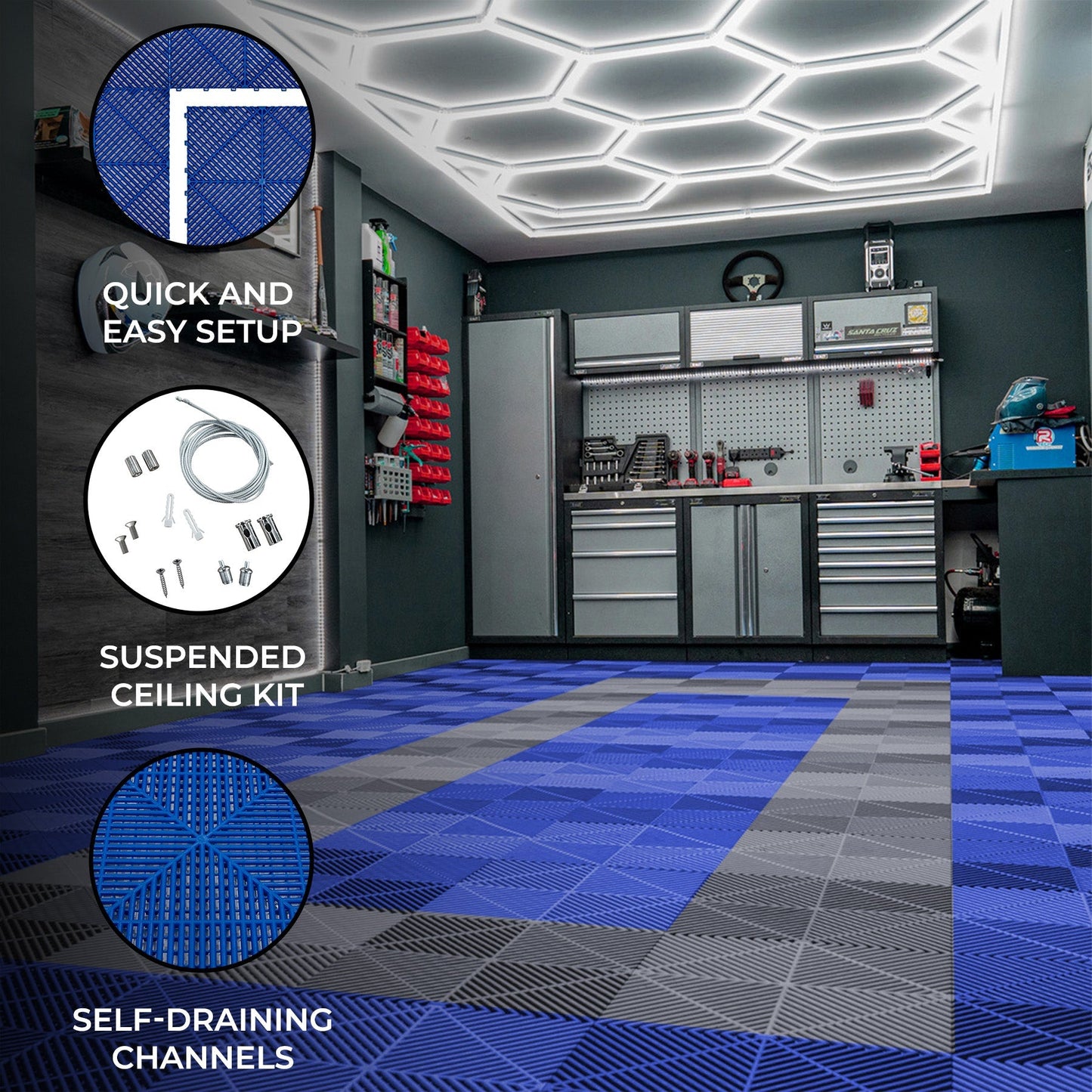 Hexagon LED Light & Vented Garage Floor Tiles With Edges - 90 Blue & 30 Grey