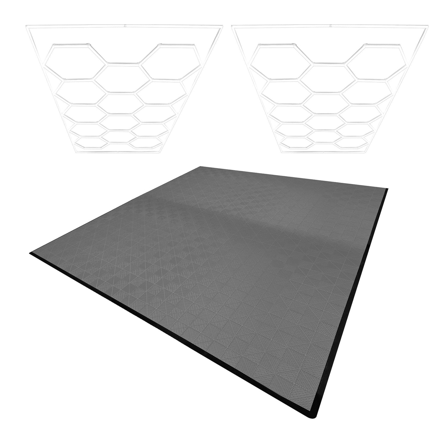 Hexagon LED Lights x 2 & Vented Garage Floor Tiles x 225 With Edges - Grey