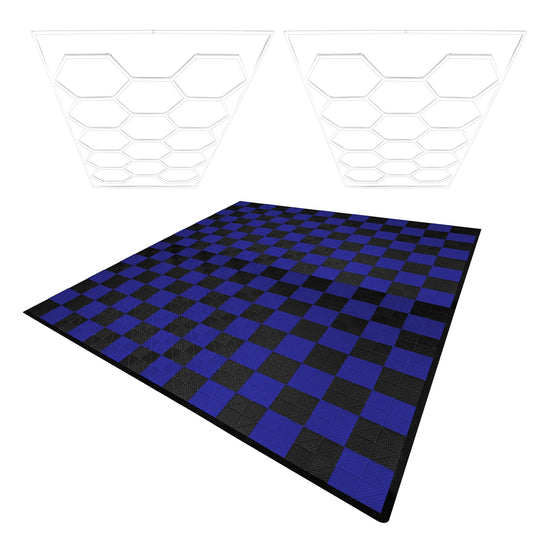 Hexagon LED Lights x 2 & Vented Garage Floor Tiles With Edges - 120 Black & 120 Blue