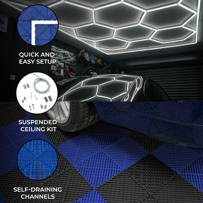 Hexagon LED Lights x 2 & Vented Garage Floor Tiles With Edges - 120 Black & 120 Blue