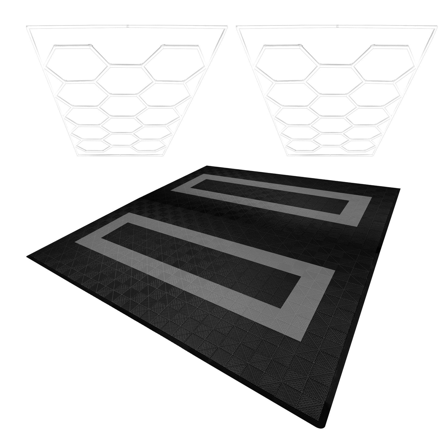 Hexagon LED Lights x 2 & Vented Garage Floor Tiles With Edges - 165 Black & 60 Grey