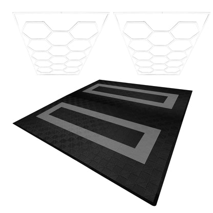 Hexagon LED Lights x 2 & Vented Garage Floor Tiles With Edges - 165 Black & 60 Grey