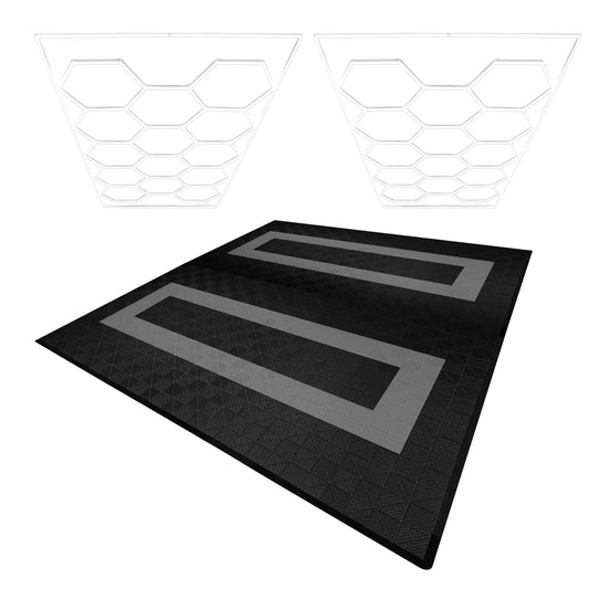 Hexagon LED Lights x 2 & Vented Garage Floor Tiles With Edges - 165 Black & 60 Grey