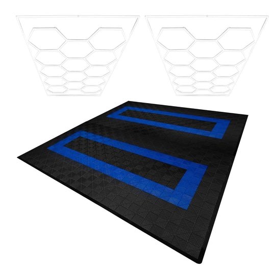 Hexagon LED Lights x 2 & Vented Garage Floor Tiles With Edges - 165 Black & 60 Blue