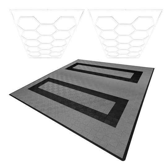 Hexagon LED Lights x 2 & Vented Garage Floor Tiles With Edges - 165 Grey & 60 Black