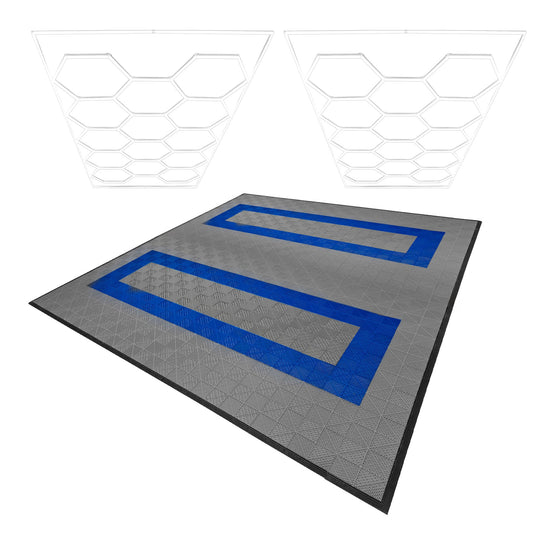 Hexagon LED Lights x 2 & Vented Garage Floor Tiles With Edges - 165 Grey & 60 Blue