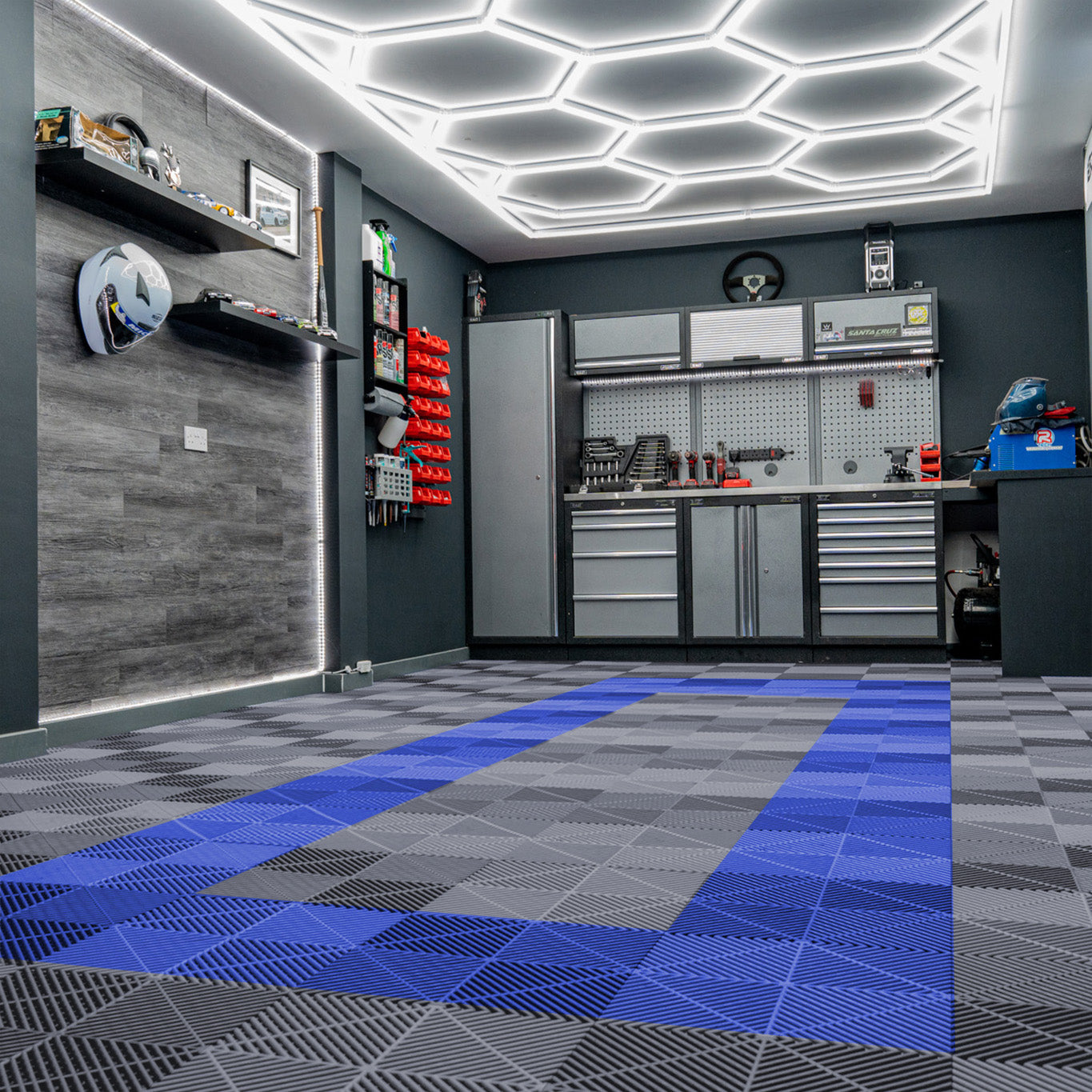 Hexagon LED Lights x 2 & Vented Garage Floor Tiles With Edges - 165 Grey & 60 Blue