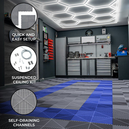 Hexagon LED Lights x 2 & Vented Garage Floor Tiles With Edges - 165 Grey & 60 Blue
