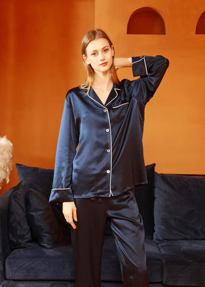 Navy Pure Silk Unisex Long Sleeve Pajama Set