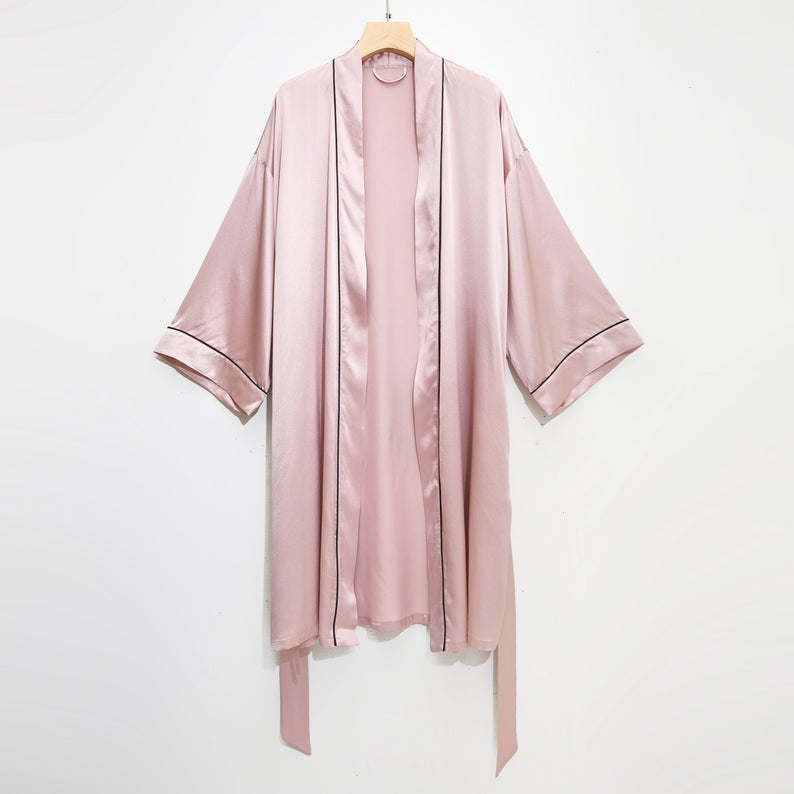 Pasithea | Baby Pink Kimono Pure Silk Robe | Knee Length with Double Belts and Pockets | 22 Momme | Float Collection